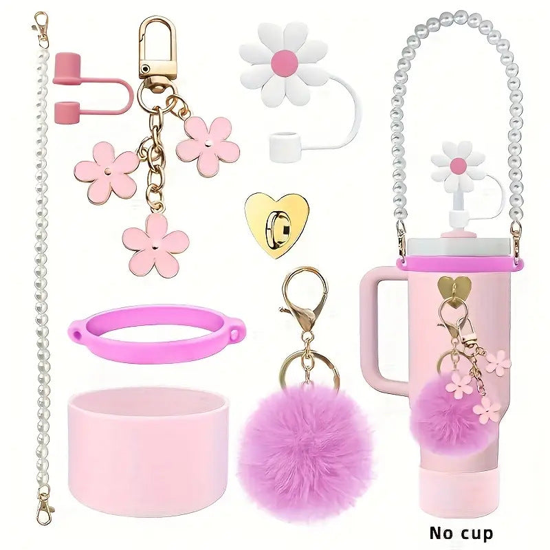 Wholesale Pearl Handle Rope Flower Cup Chain Fur Ball Silicone Straw Hat